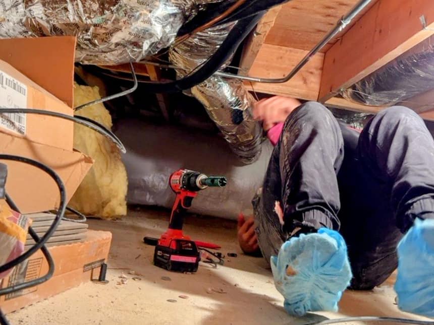 A technician on his back in a crawl space in blue shoe covers, drilling an access into the duct above him