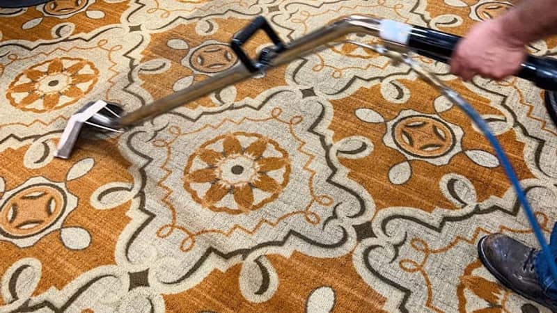 A technician steam cleaning a patterned wool carpet with a hot water extraction wand